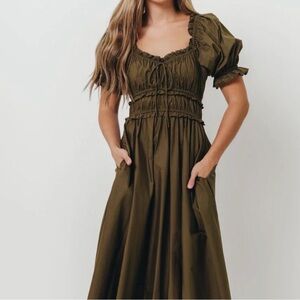 Olive Green Maxi Dress with Ruching and Puff Sleeves